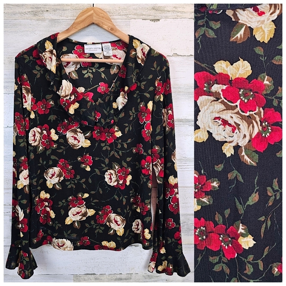 Vintage Jaclyn Smith Floral Top Long Sleeve Bell Cuff Y2K Whimsigoth Romantic L